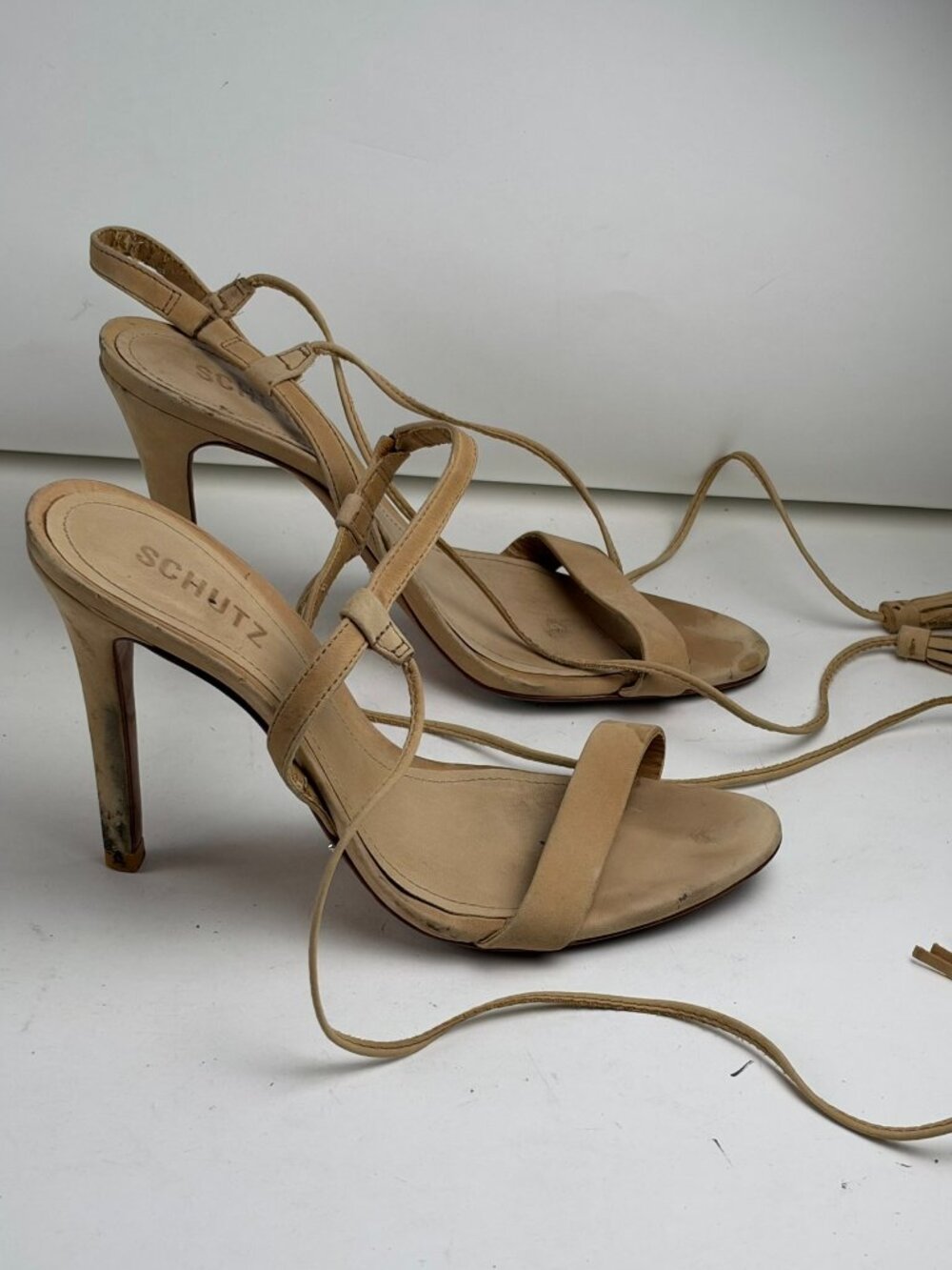 Schutz Tan Suede Lace Up Tassel Stiletto Heels Sandals Women Size US 7.5 B